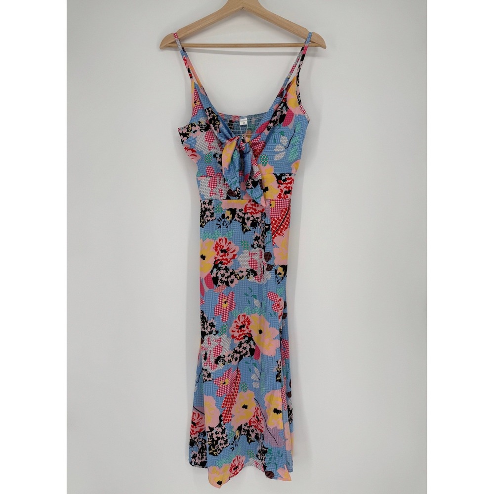 Fashionme Floral Patchwork Midi Dress M Tie Front Smocked‎ Cottage Boho Festival